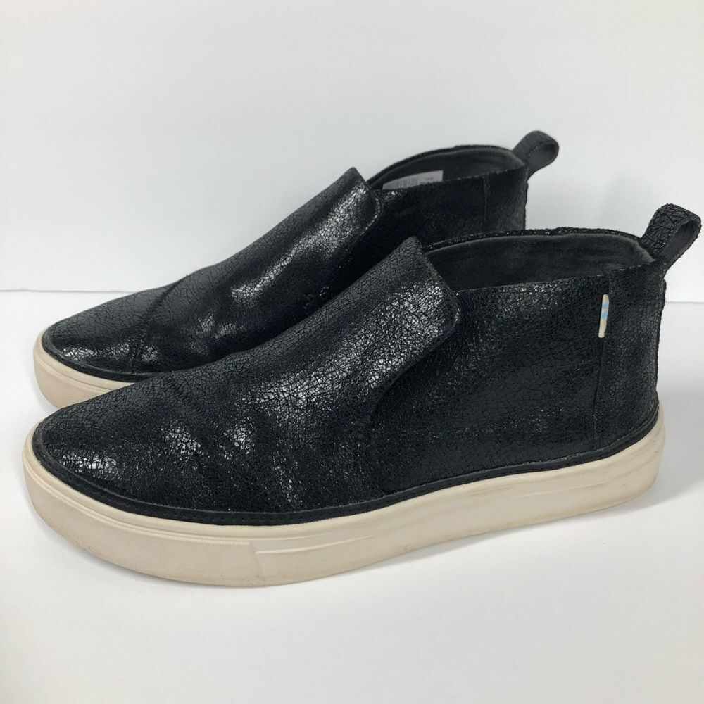 TOMS Paxton Black Metallic Crackle Suede Leather Slip On Sneakers Size 7.5